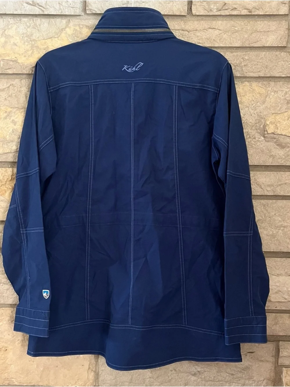 Kuhl Women’s Rekon Canvas Jacket Blue Depths EUC Hooded Pockets Hiking Small